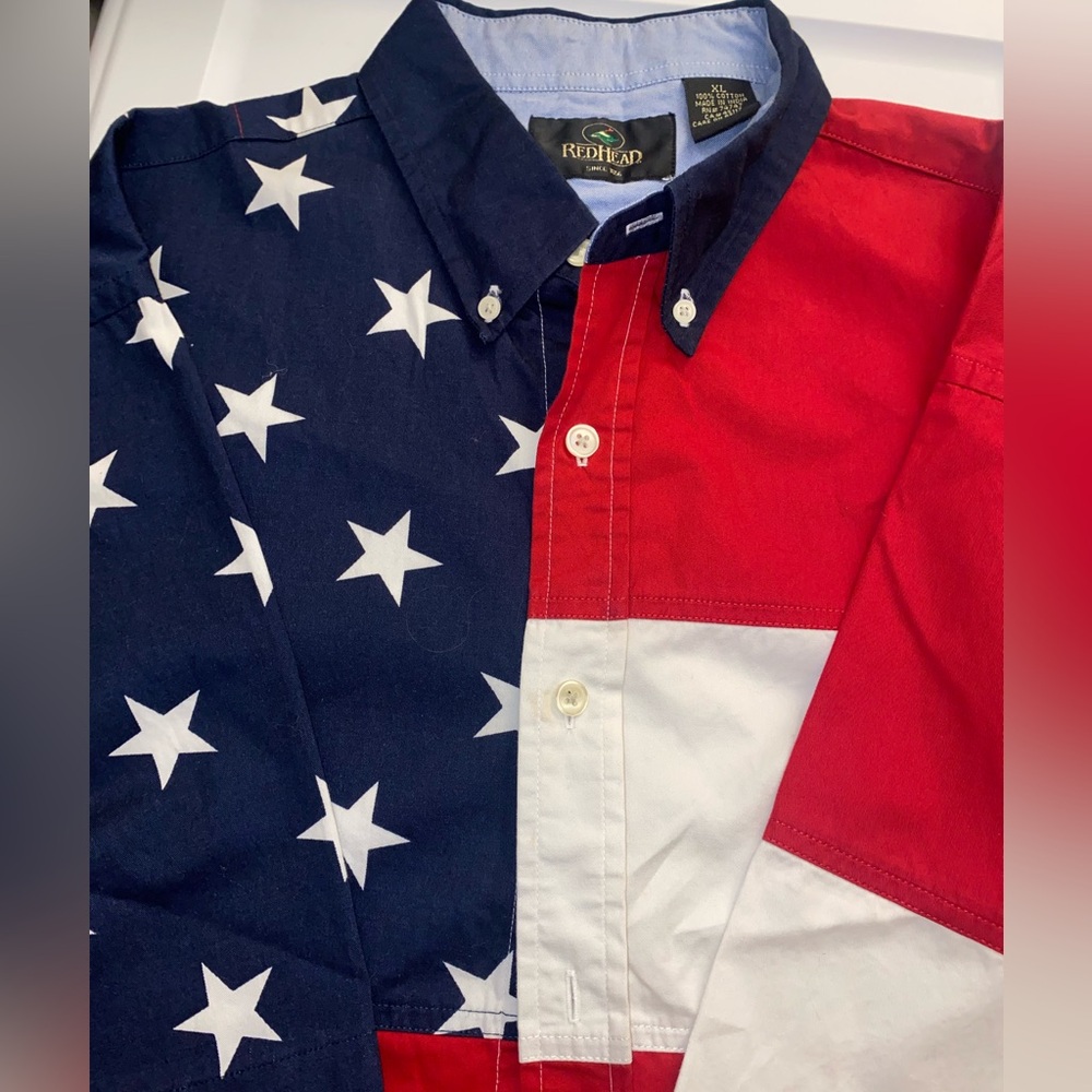 RedHead USA Flag Stars Stripes Button-Front Short Sleeve Shirt Size XL EUC S6